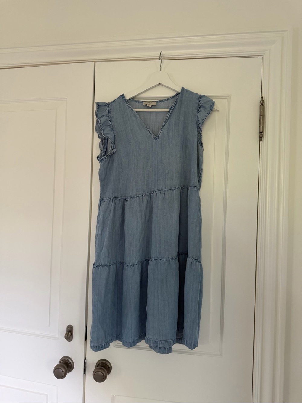 LOFT Light Blue Tiered Chambray Midi Dress with Ruffle Sleeves